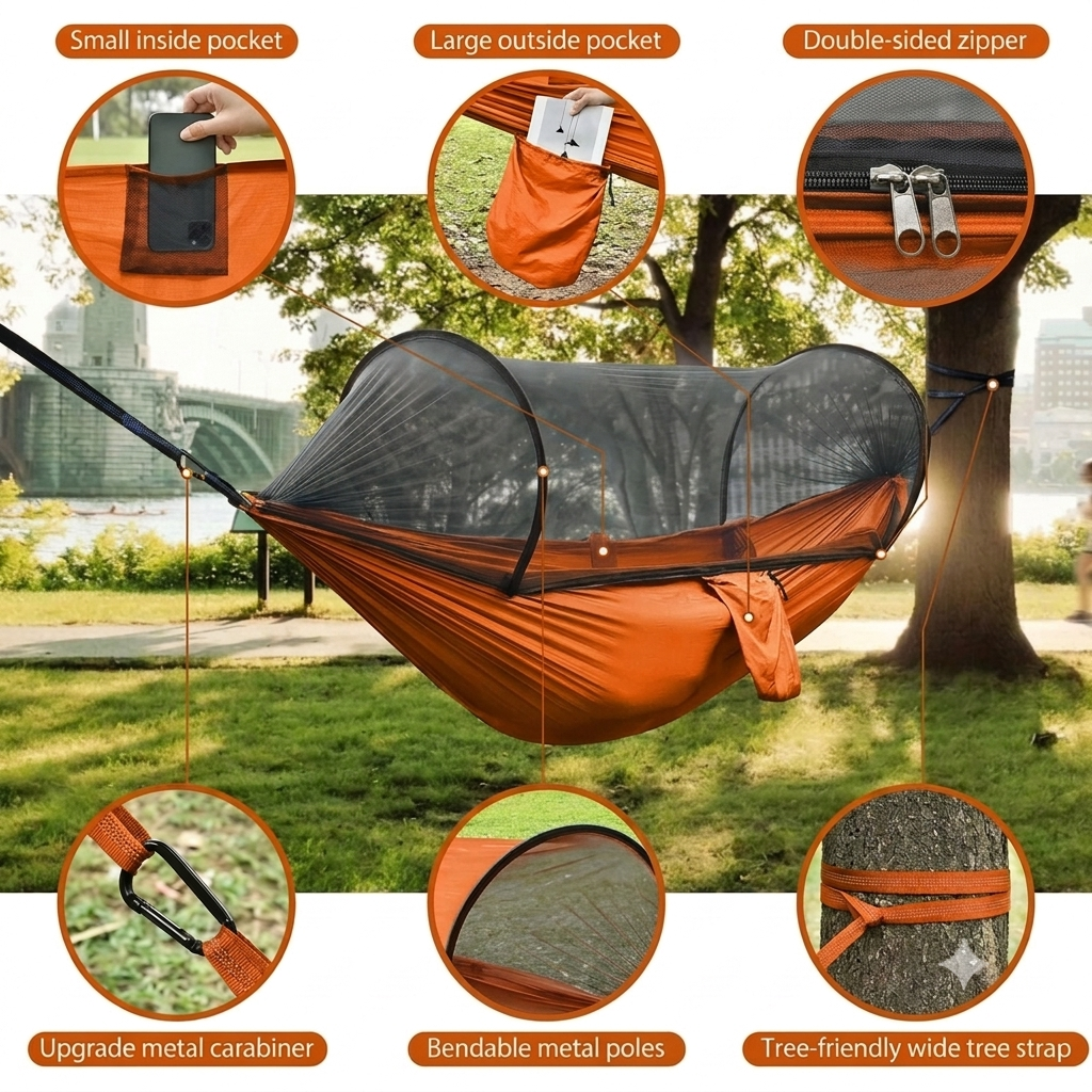 Ultralight Portable Camping Hammock with Bug Net & Tree Straps